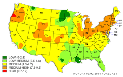 Eugene back on the very short "red" list. June 2014 (www.pollen.com)