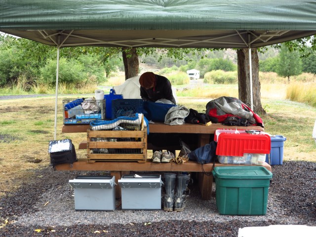 All camping gear packed and ready to be loaded on the truck