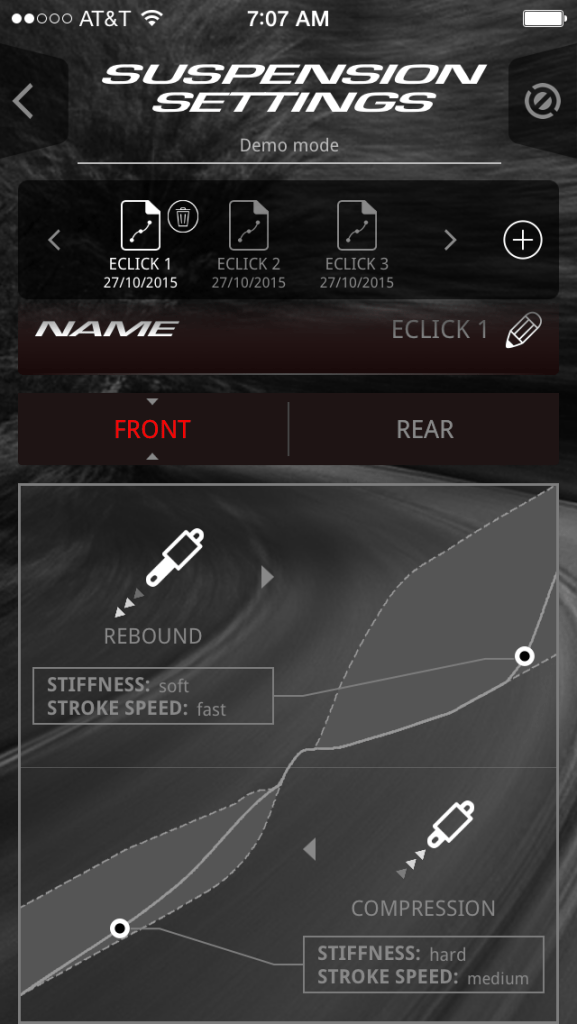 Suspension Settings, swiping dot on rebounding to change stroke speed from fast to slow. 