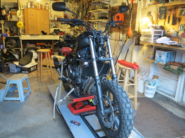 End of day 1, bike is ready for Day 2, front end work