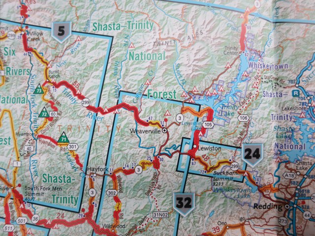 Weaverville, surrounded by G1 (yellow), G2 (red) and G3 (orange) roads.