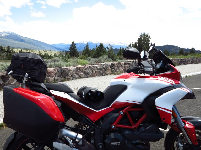 The Multistrada with Mt Shasta on the background