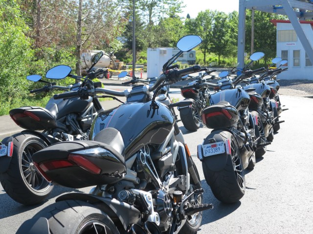 Bikes lined up for group test rides at the PIR